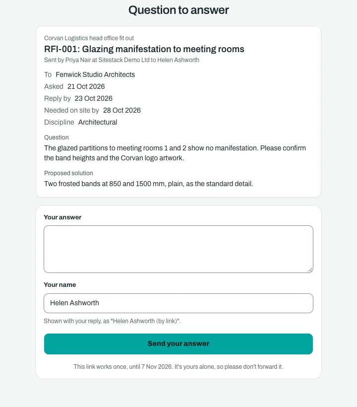 The page a person opens from an emailed link, with the RFI question, a box for the answer, their name and a button to send it, with no login.
