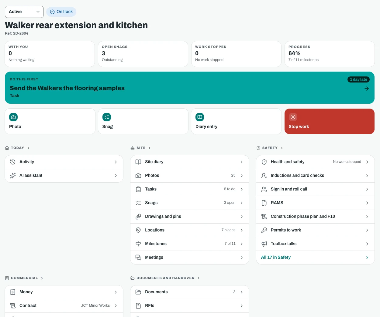 A Sitestack job overview on a desktop screen with key figures and the site, safety and today groups