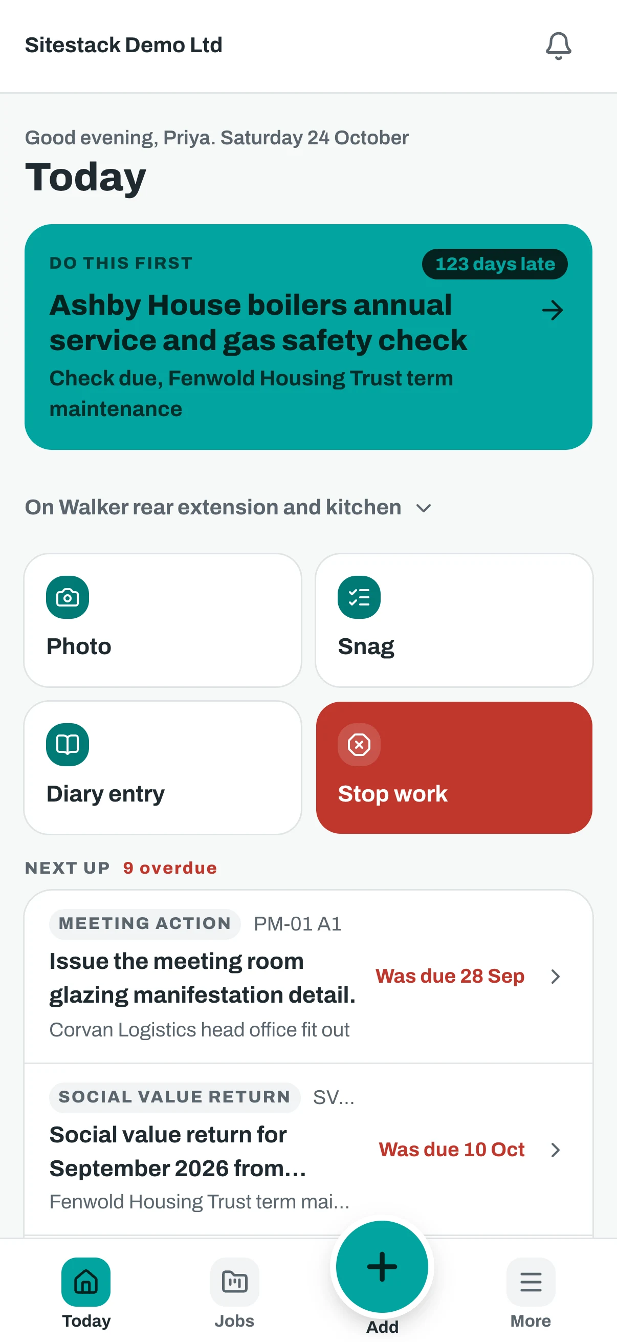 The Sitestack Today screen on a phone