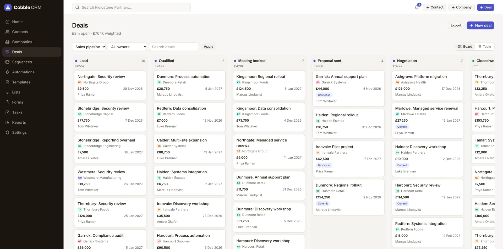 The Cobble deals board with columns Lead, Qualified, Meeting booked, Proposal sent and Negotiation, each card showing a deal value, a close date and an owner