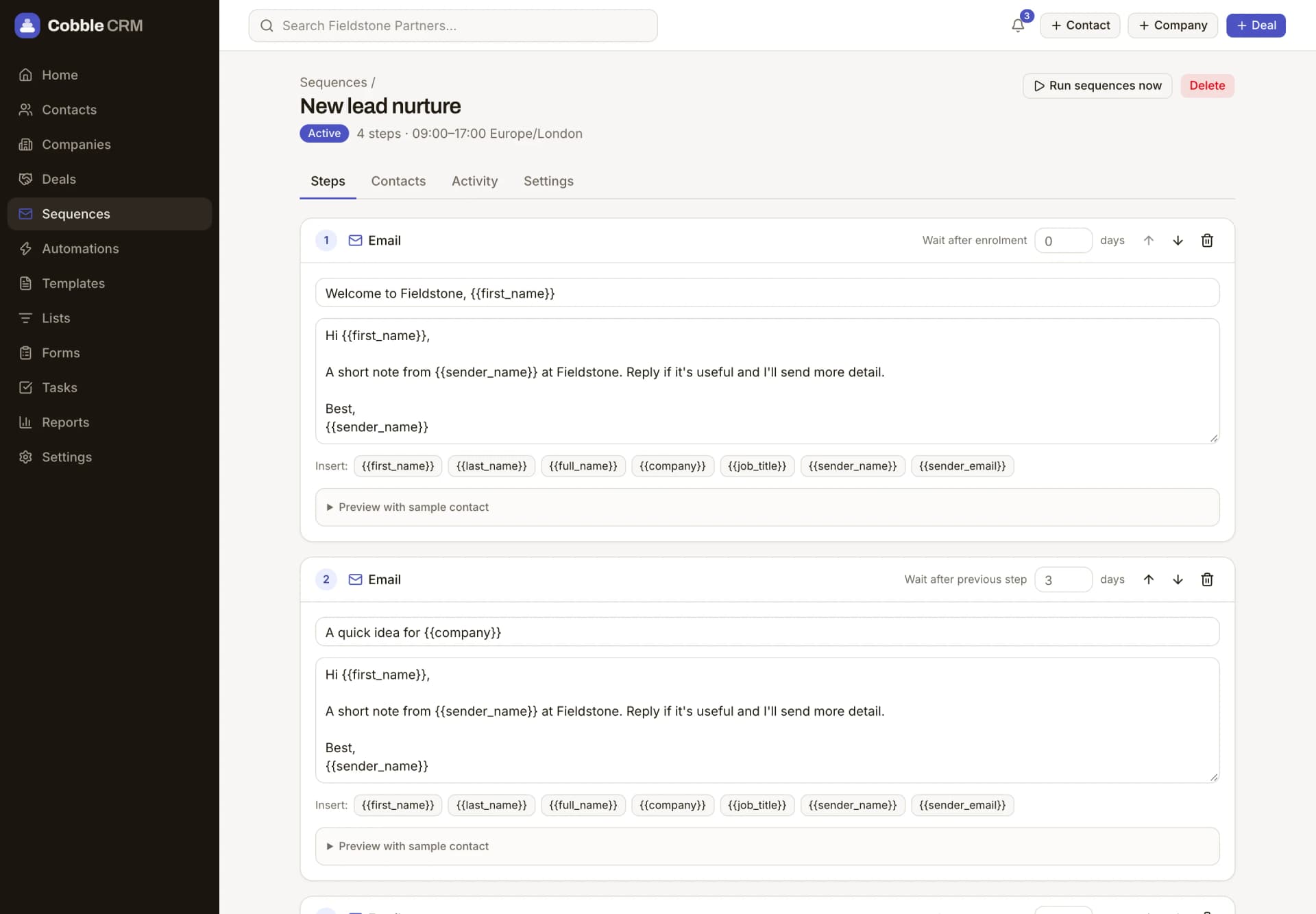 A Cobble email sequence with timed steps, sent between 9am and 5pm London time