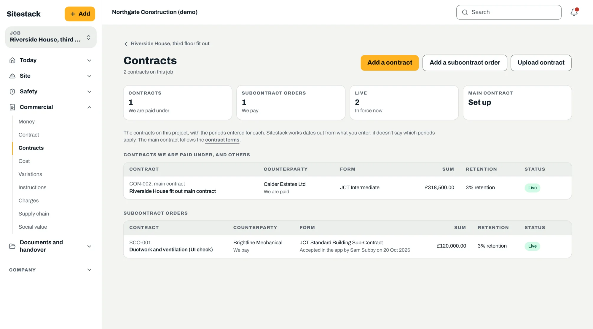 Sitestack contracts list showing the main contract and a subcontract order with sums and retention
