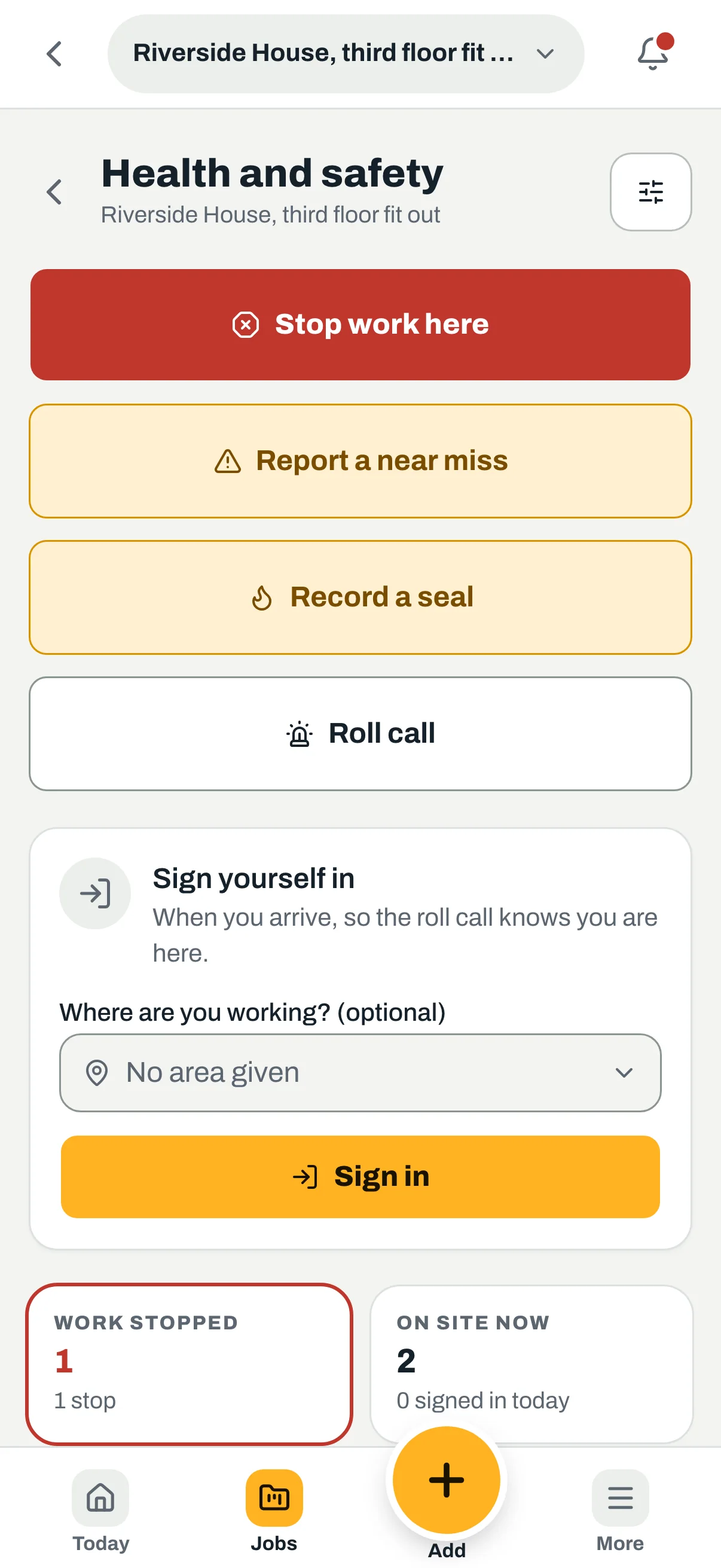Sitestack health and safety screen with stop work, near miss, seal, roll call and sign in