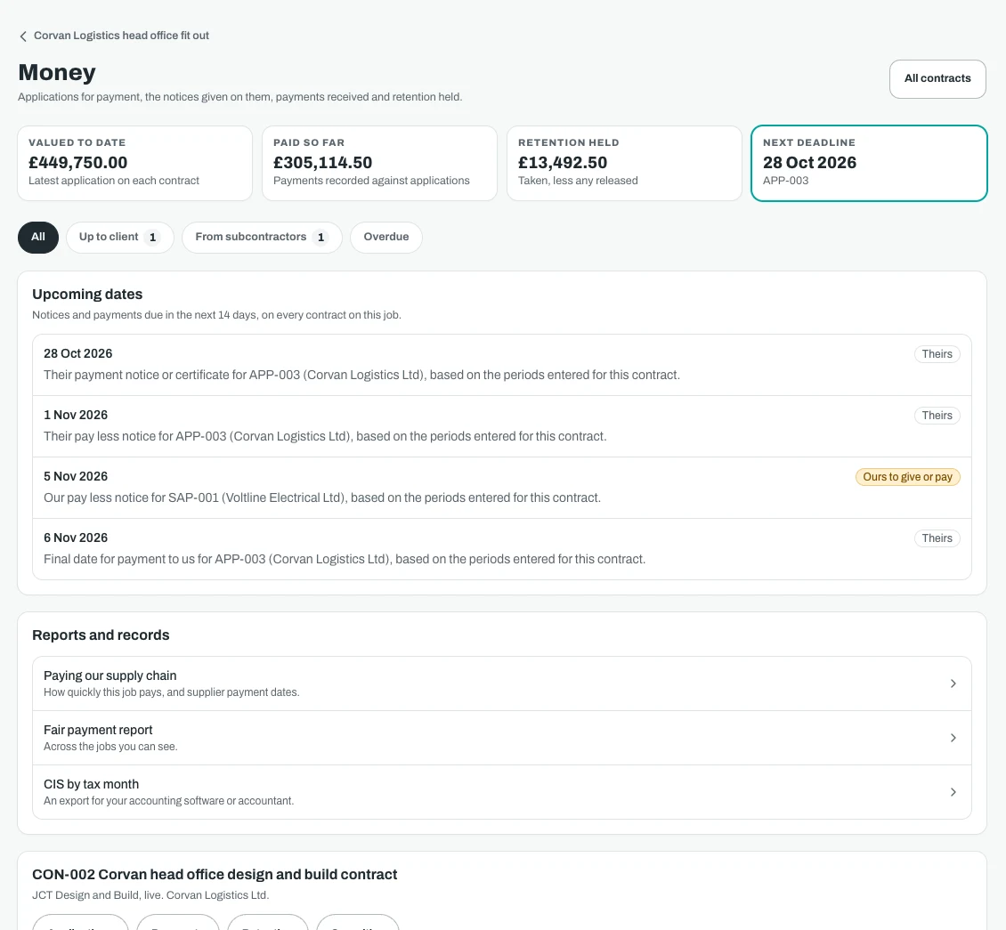 The money screen on an office screen, with valued to date, paid so far, retention held and the next deadline, above a list of notice and payment dates coming up.