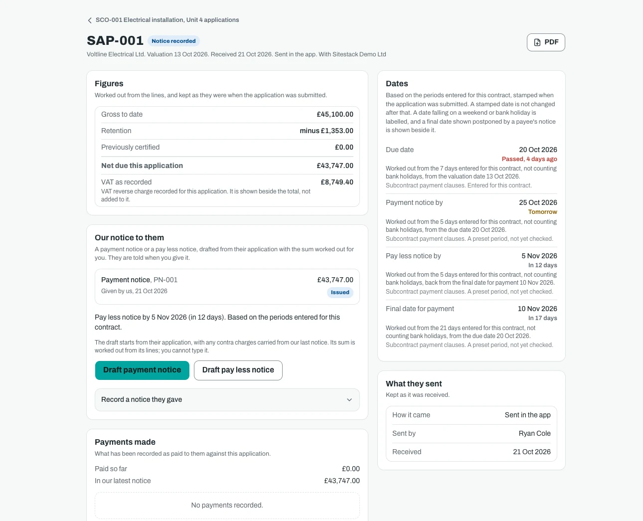 A subcontractor's application on an office screen, with the gross figure, retention, the dates worked out from the contract and the payment notice that answers it.