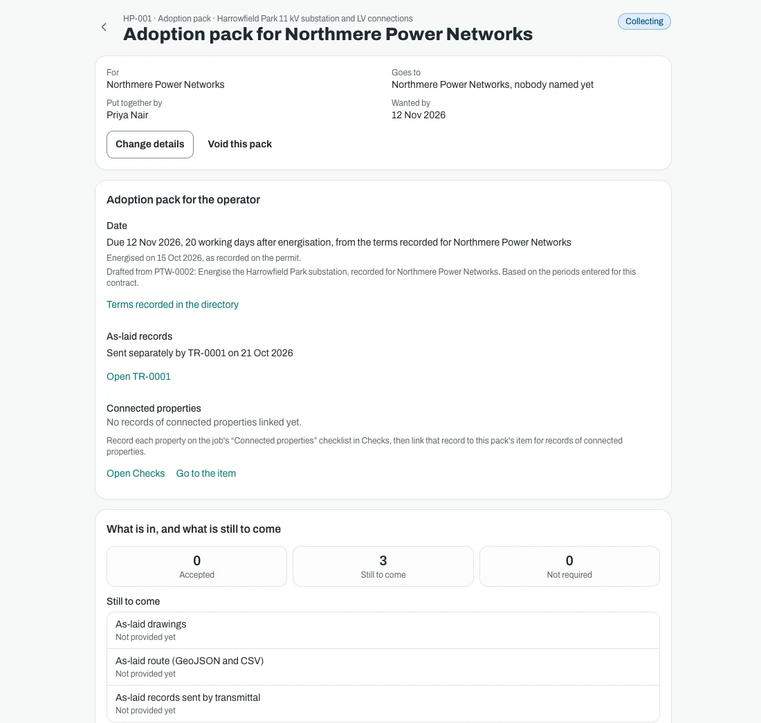 A handover pack on an office screen, an adoption pack for a network operator, with its due date worked out from the terms, a link to the as-laid records and a count of what is accepted and still to come.