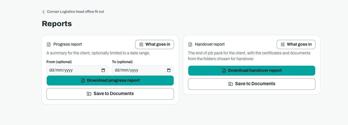 The reports screen on an office screen, with a progress report that has an optional date range and a handover report, each with a download button.