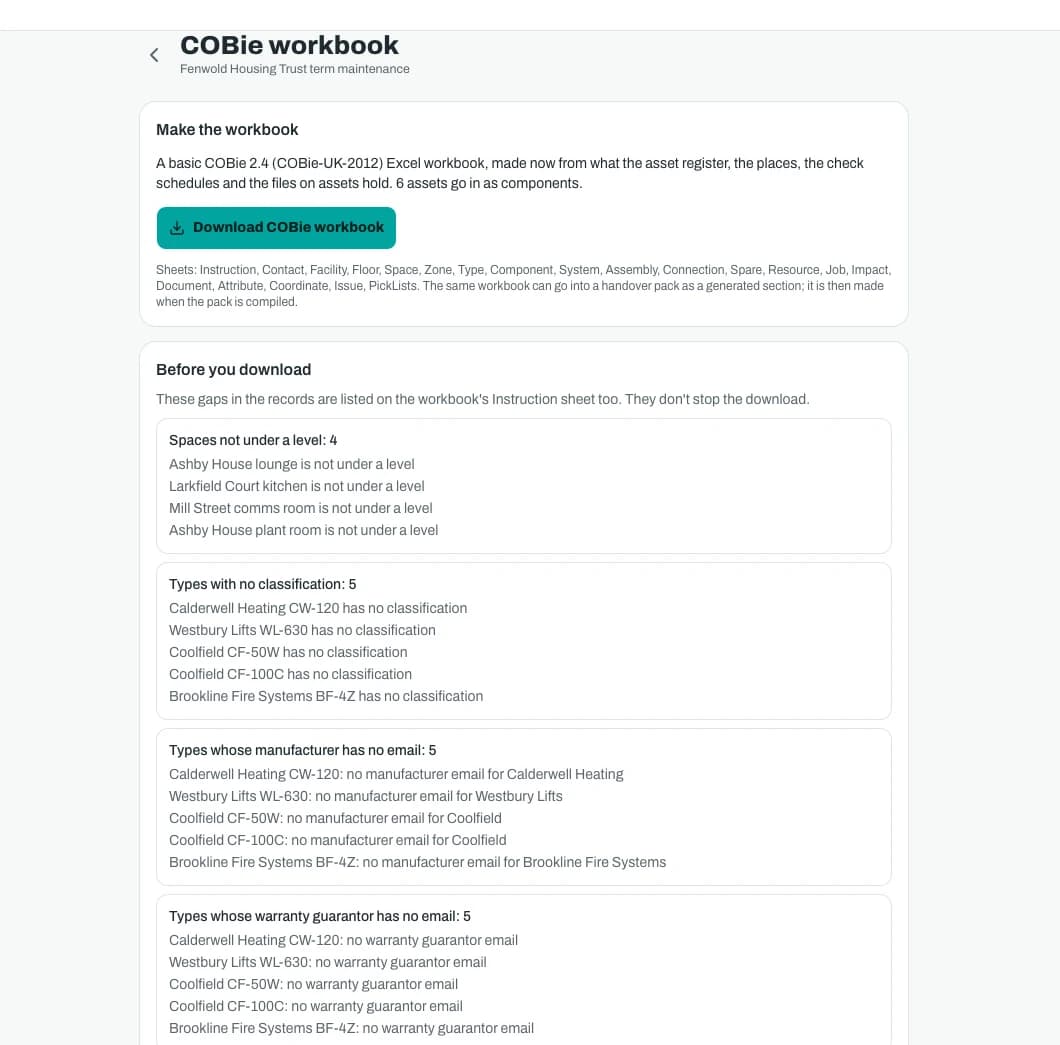 The COBie workbook page on an office screen, with a download button and the gaps in the records listed before you download.