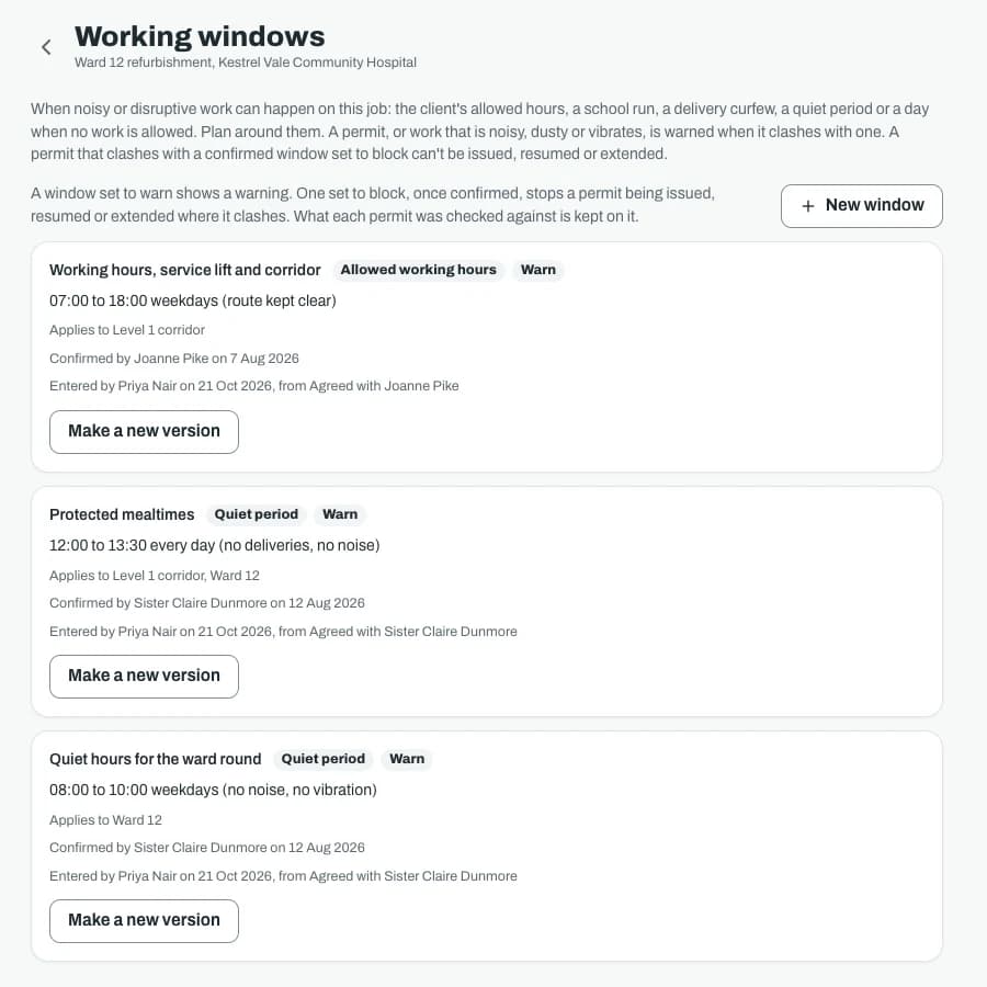 The working windows screen on an office screen, listing allowed working hours and two quiet periods, each with the area it covers, who confirmed it and when.