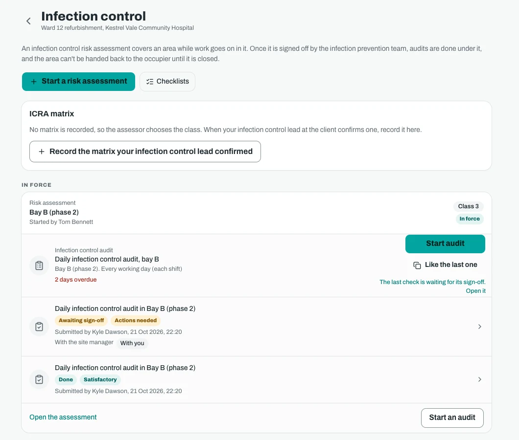 The infection control screen on an office screen, with the risk assessment for a bay in force as class 3 and the daily audits made under it, one awaiting sign off and one done.