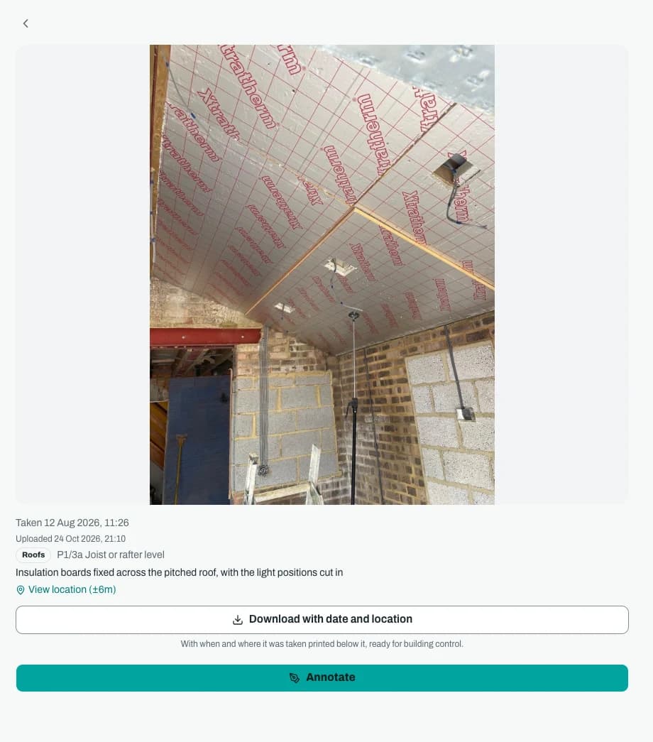 One Part L photo open on an office screen: insulation boards fixed across a pitched roof, with the date and time it was taken, its Appendix B reference P1/3a and a link to view the place it was taken.