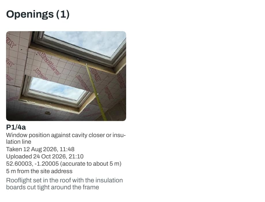 A page of the Part L evidence report on an office screen, with a rooflight photo under the Openings heading. Under it are its reference P1/4a, the date and time it was taken, its GPS position and how accurate that is.