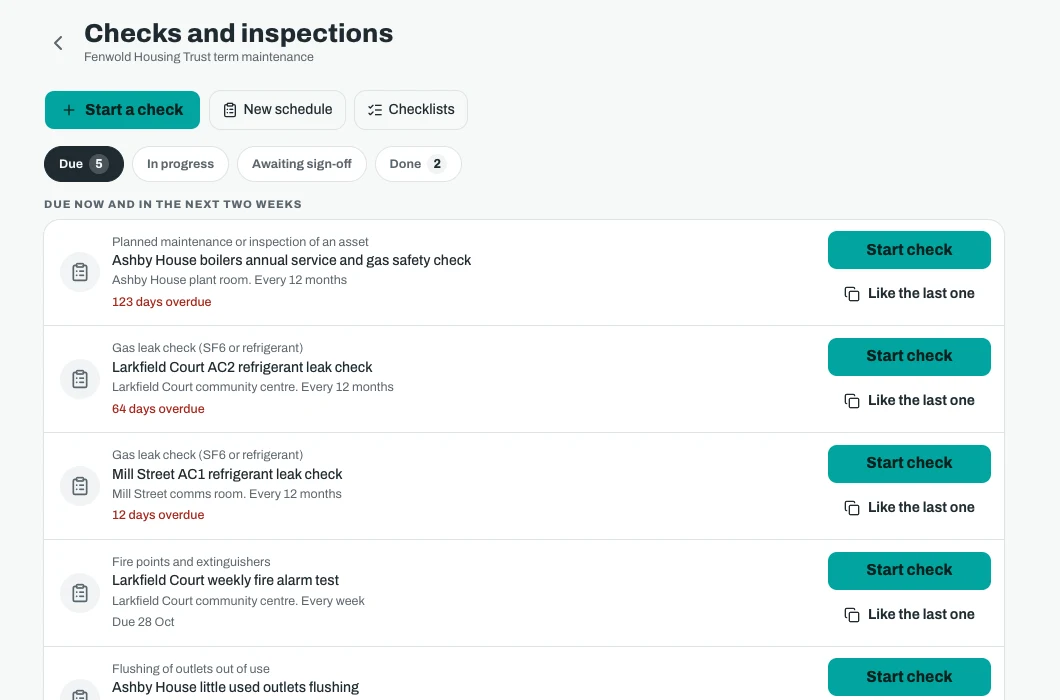 Checks and inspections on an office screen, with recurring checks that are due or overdue, each with a button to start the check.