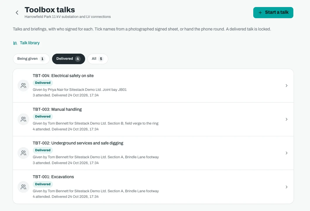 Toolbox talks on an office screen, listing four delivered talks with the person who gave each one and how many signed on.