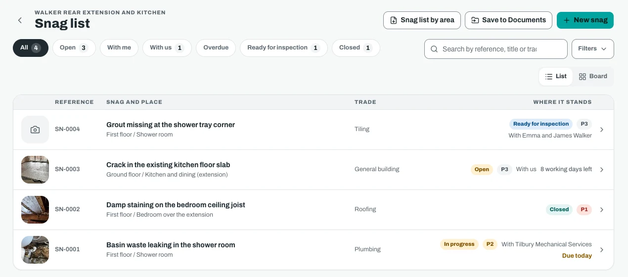 The snag list on an office screen, with filters for open, ready for inspection and closed, and four snags with photos, trade, priority and who each one is with.