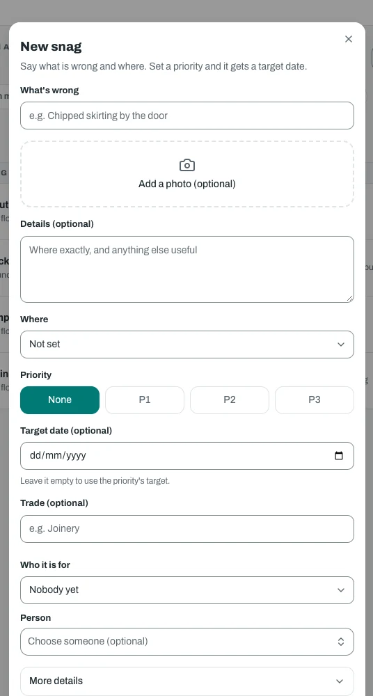 The new snag form over the snag list on an office screen, with fields for what is wrong, a photo, details, where, priority, target date and trade.
