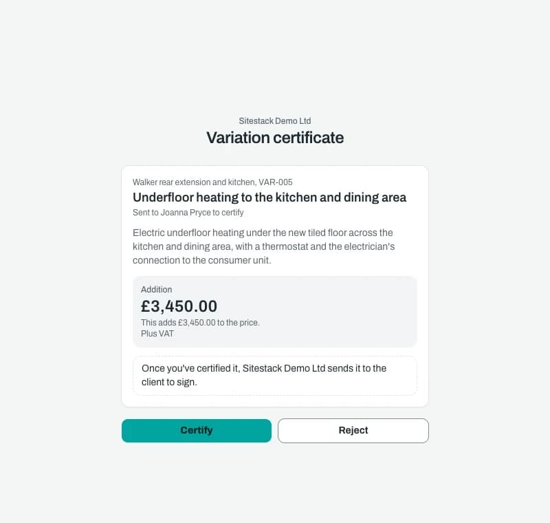 The variation certificate page on an office screen, with the job, the title, the scope, the cost and buttons to certify or reject, opened with no login.