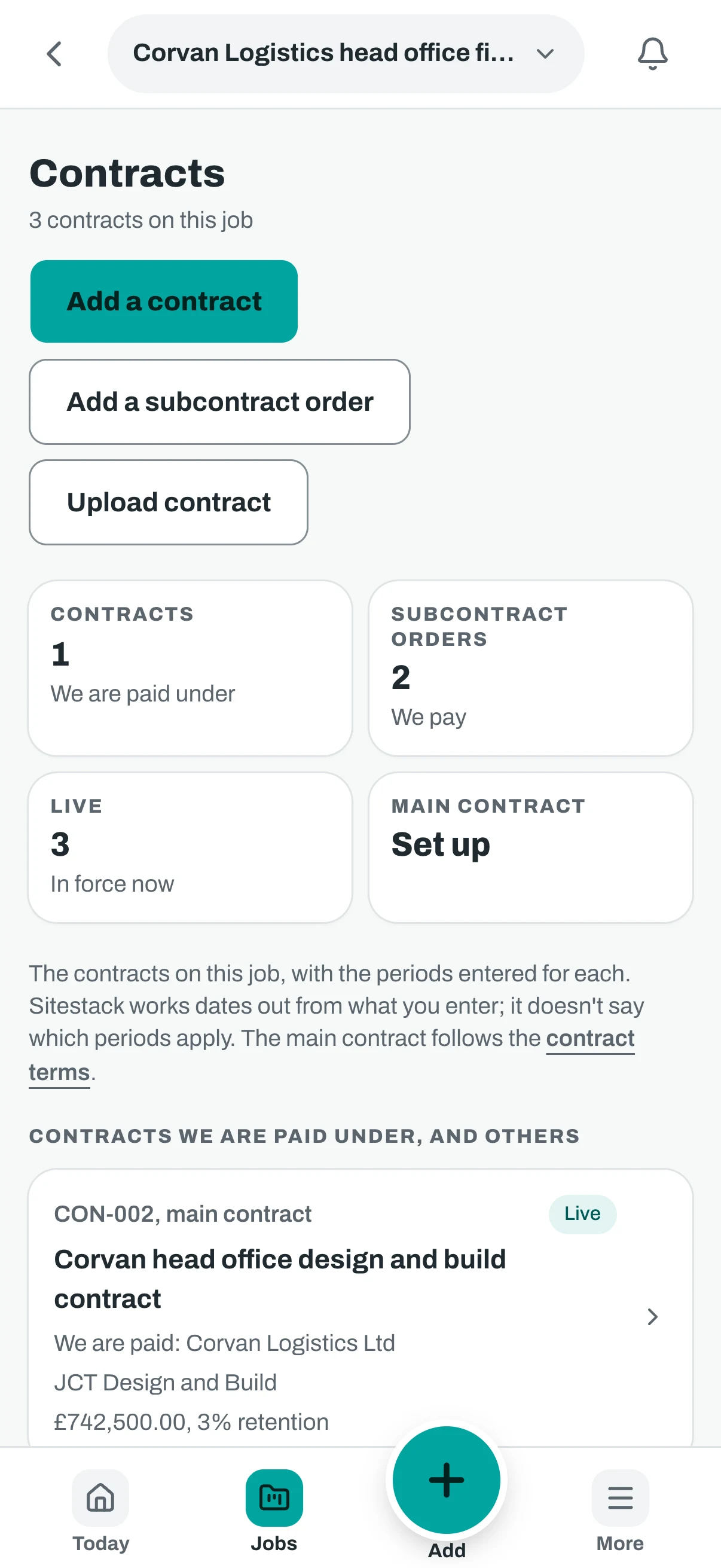 The contracts screen on a phone, with the totals and the main contract.