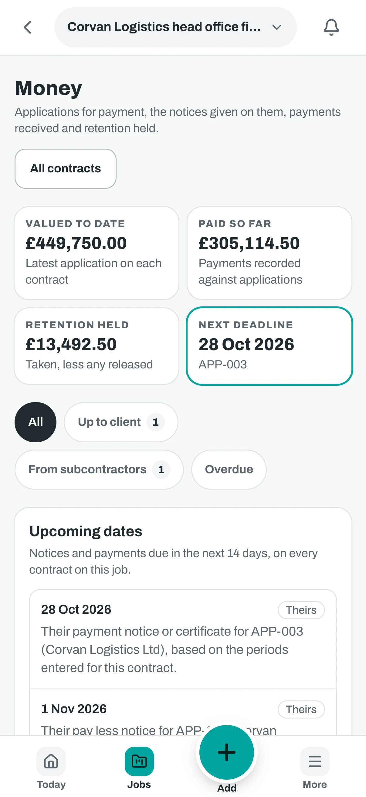 The money screen on a phone, with the same four figures and the upcoming dates.