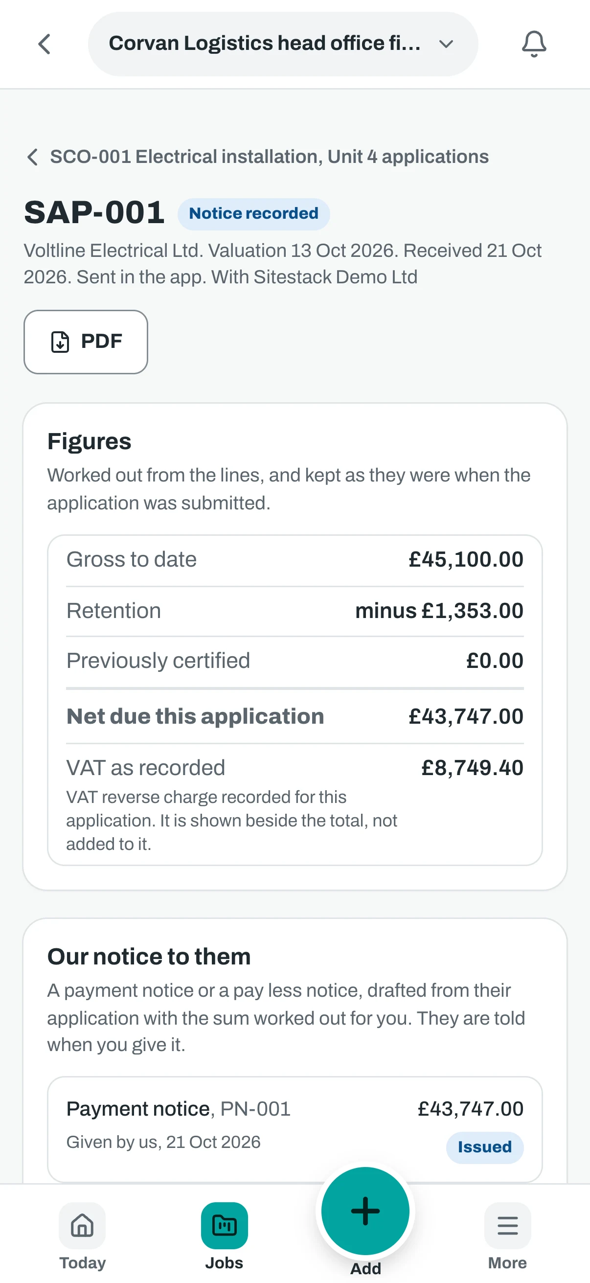 The same application on a phone, with its figures and notice.