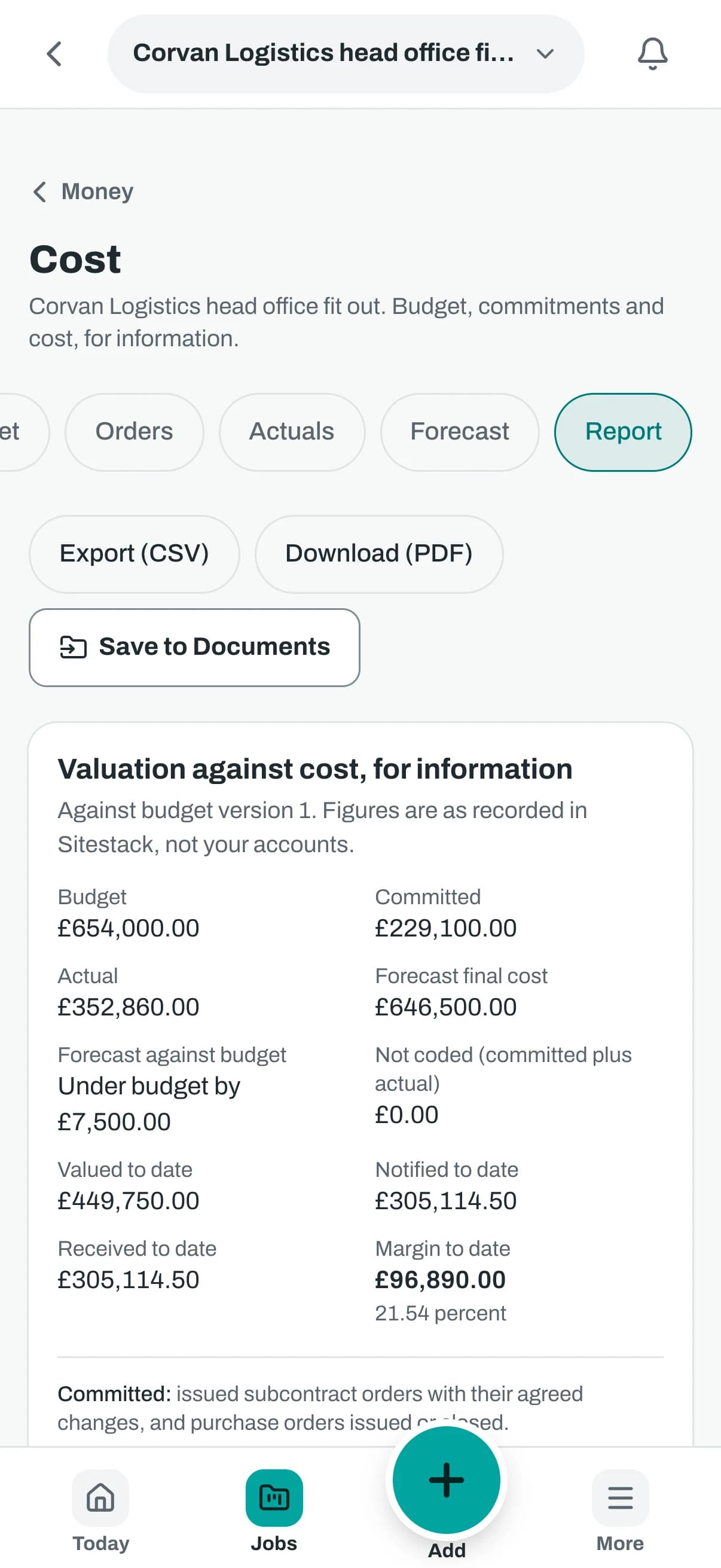The same cost report on a phone.