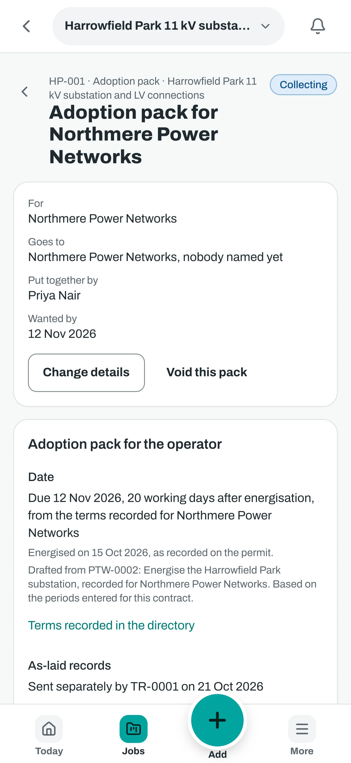 The same handover pack on a phone, with its details and due date.