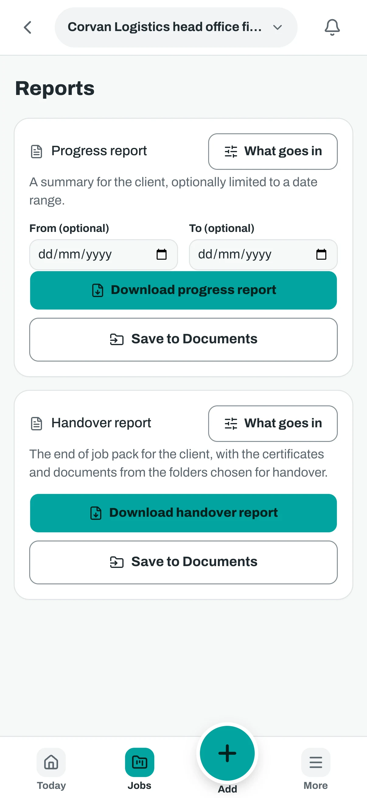 The reports screen on a phone, with the progress report and the handover report.