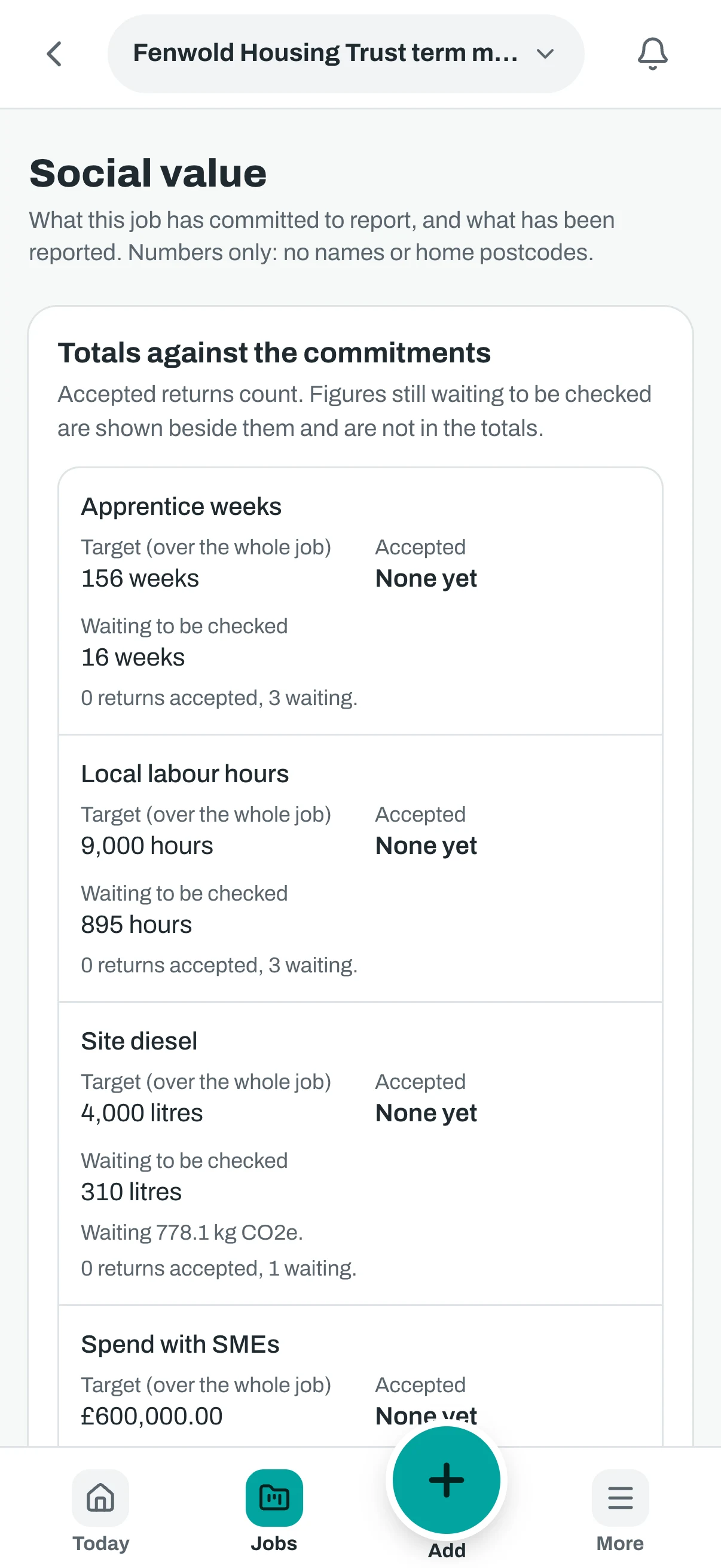 The social value screen on a phone, with the same commitments.
