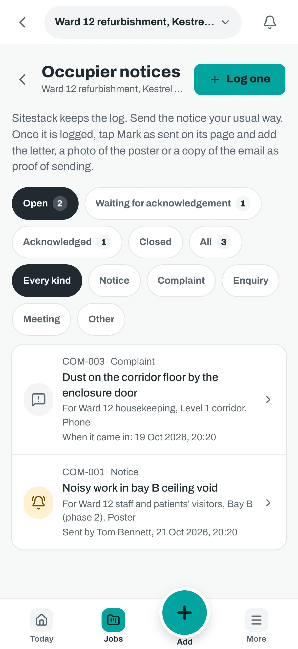 The occupier notices log on a phone, with the same filters and two entries.