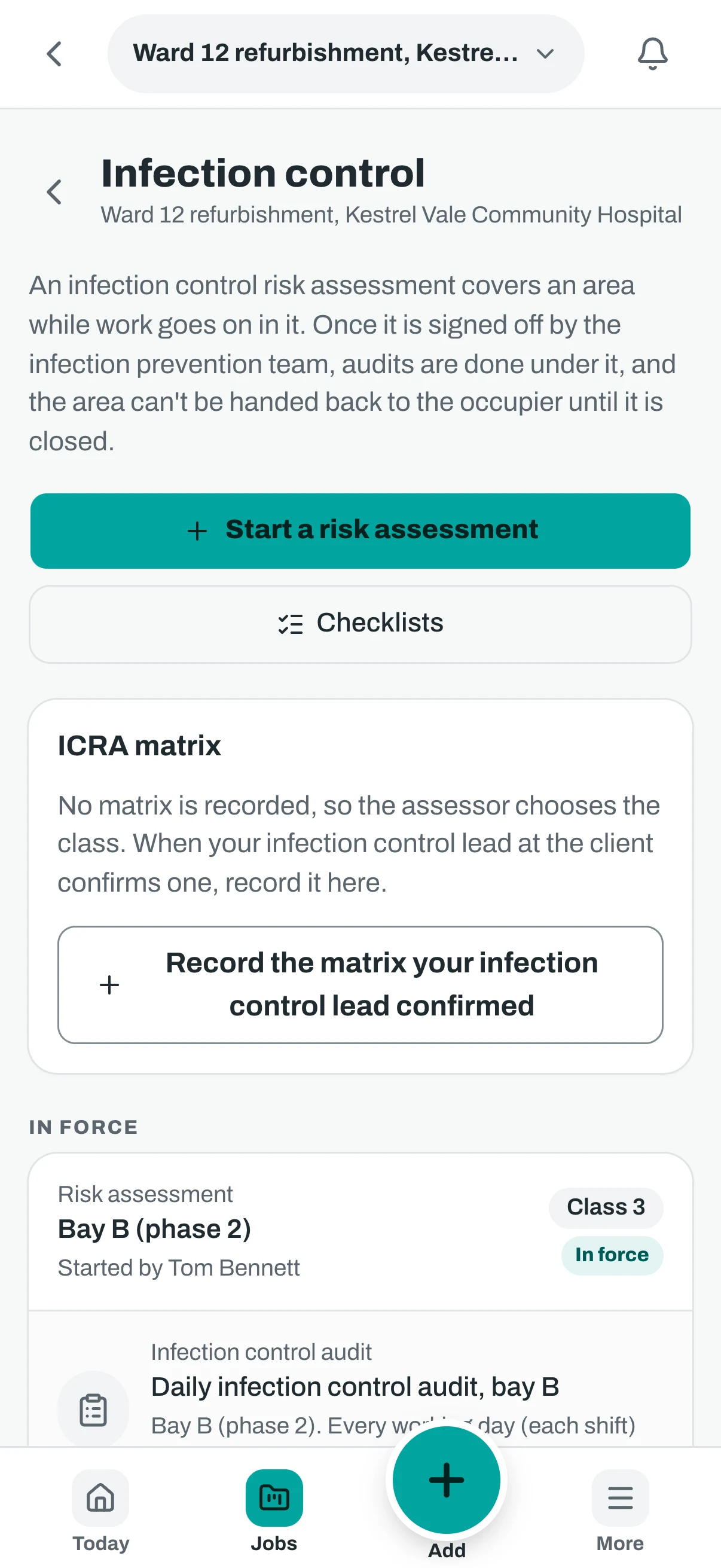 The infection control screen on a phone, with the risk assessment and its audits.