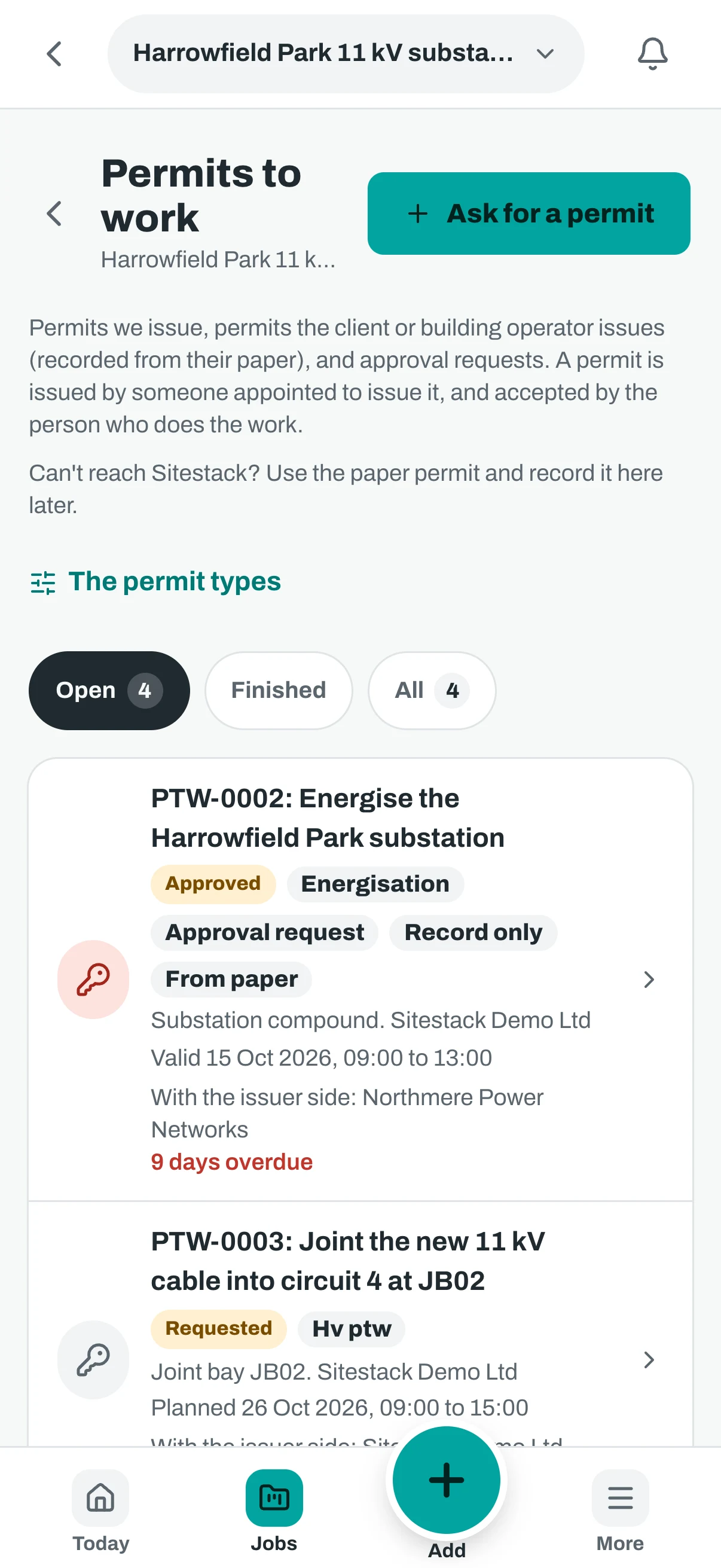 The same permits list on a phone, with the operator's request first.