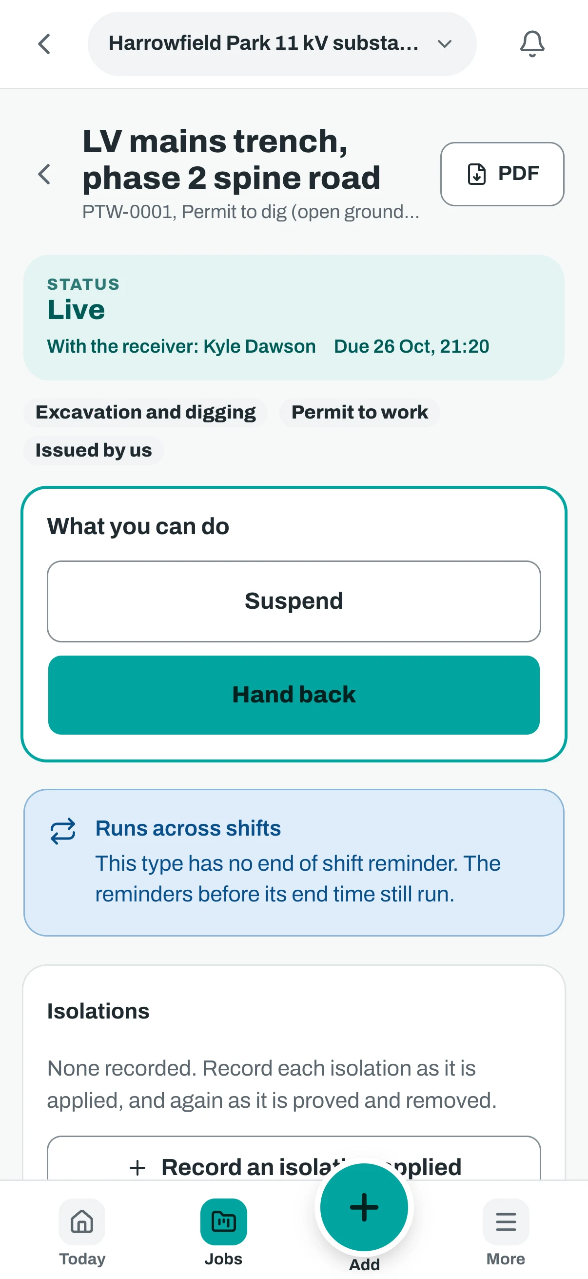 The same permit to dig on a phone, with its status and the suspend and hand back buttons.