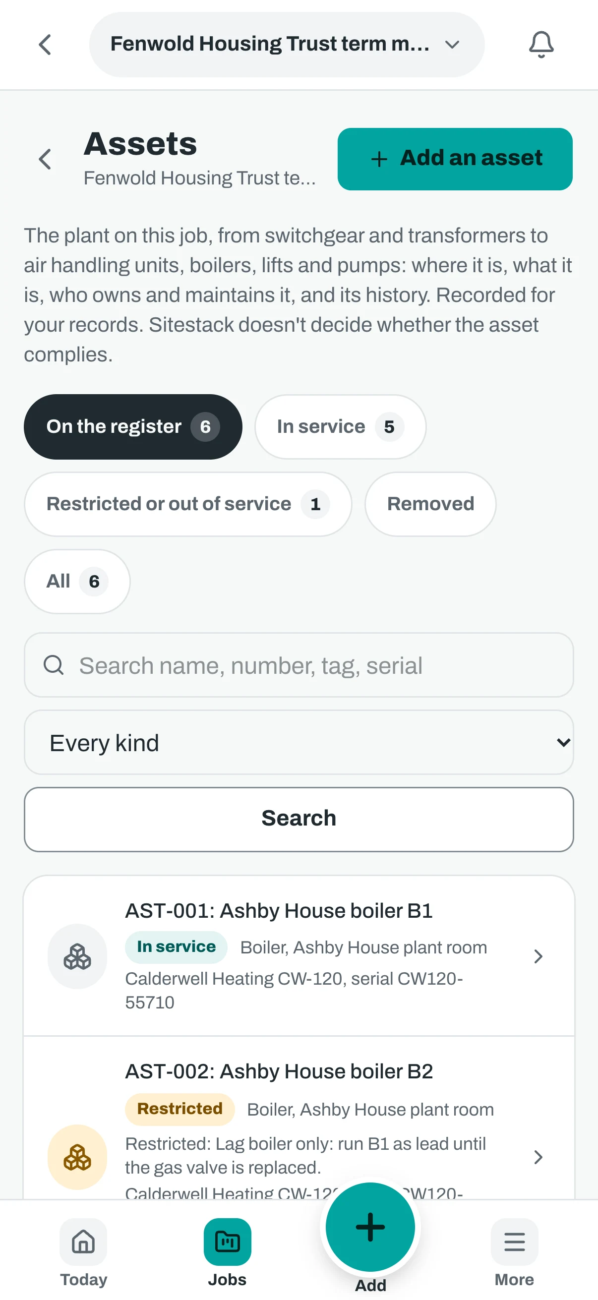 The same asset register on a phone.