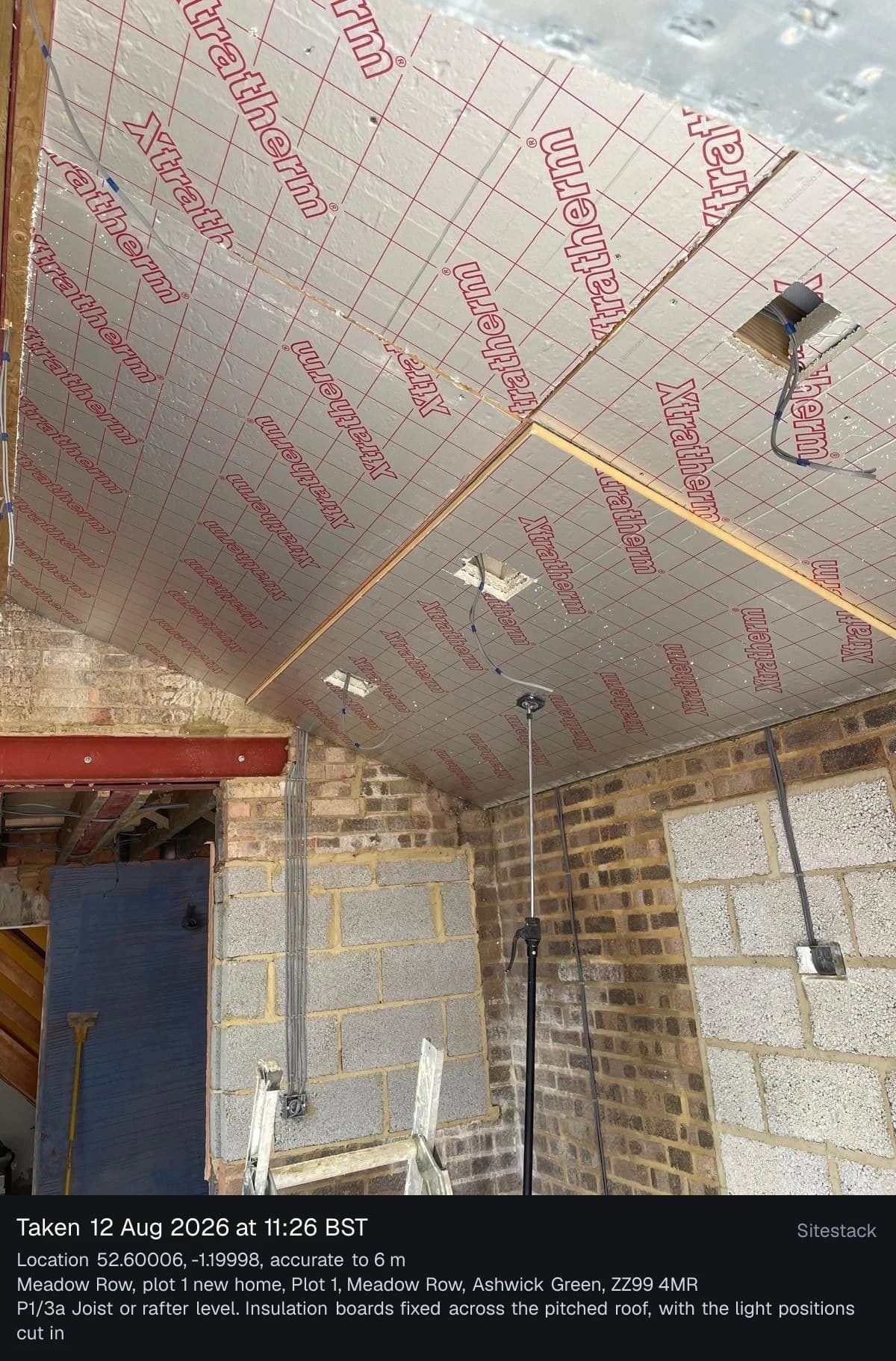 A roof insulation photo with a stamp below it that reads 12 August 2026 at 11:26 BST, with its GPS location, accuracy and the reference P1/3a.