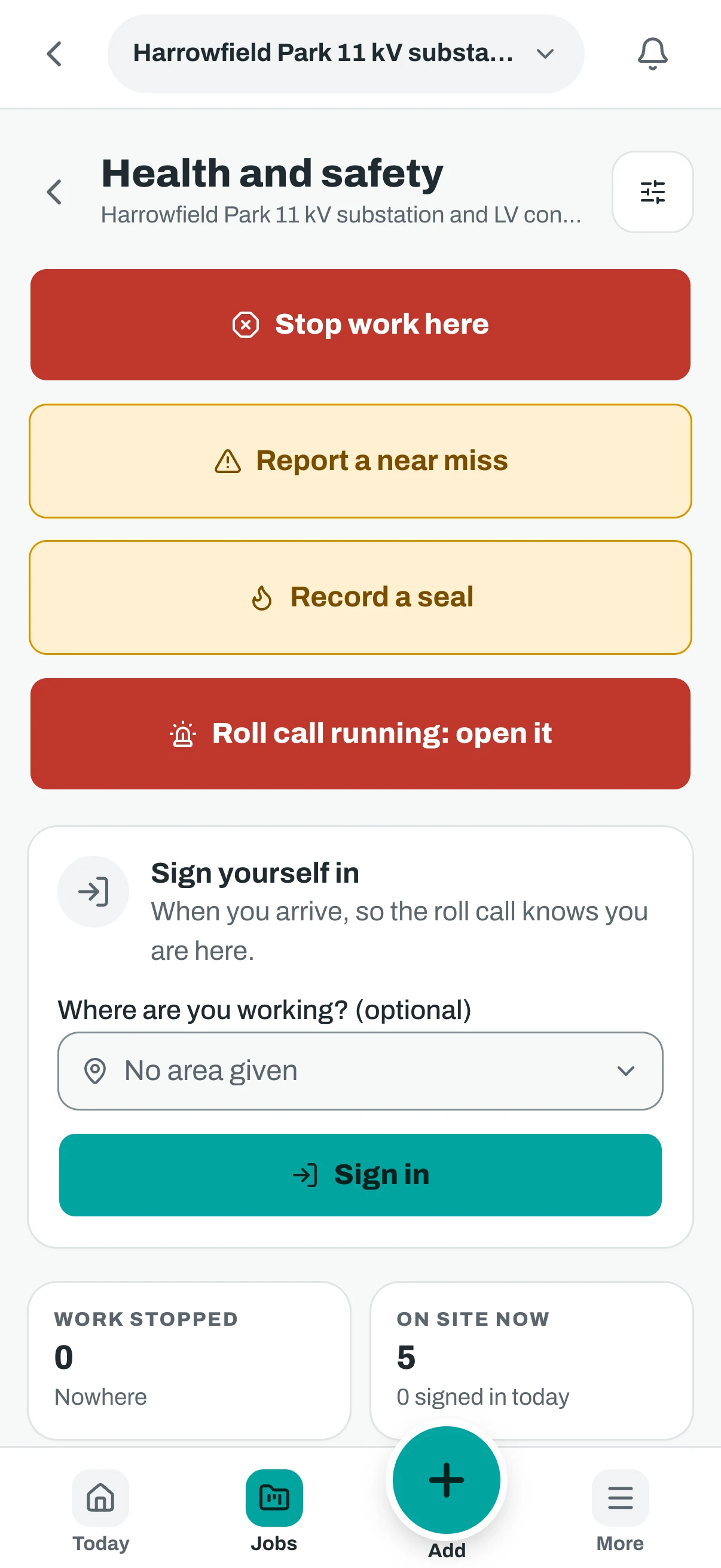 The same health and safety screen on a phone, with the stop work, near miss, seal and roll call buttons.