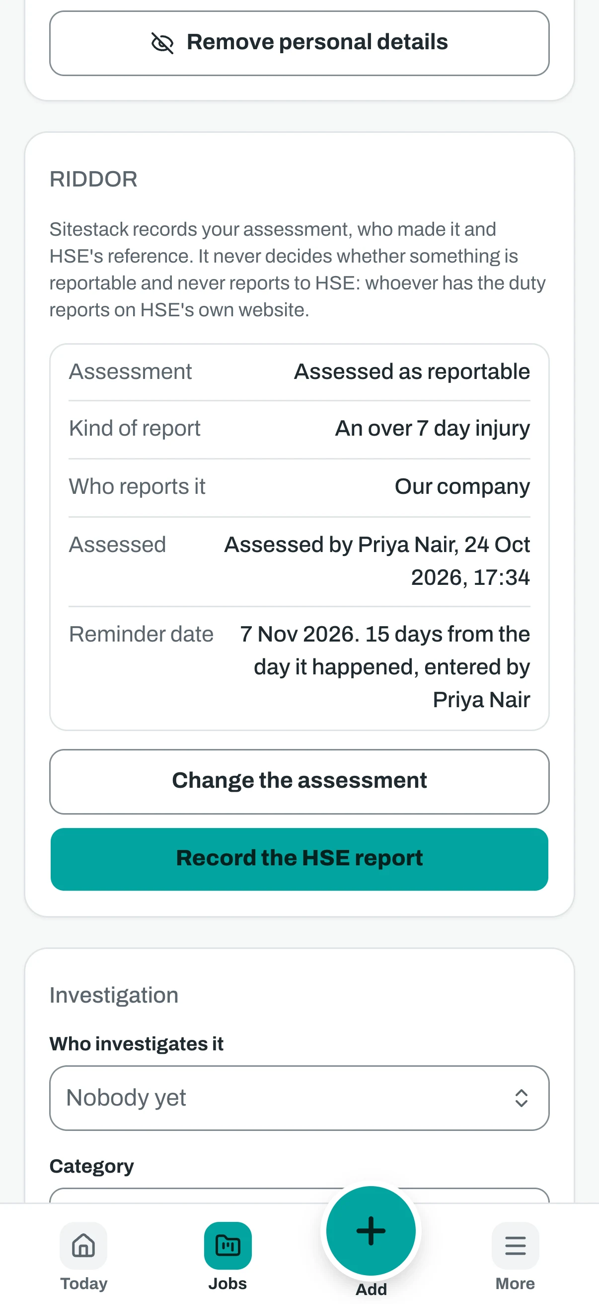 The same incident on a phone, scrolled to the RIDDOR assessment and the reminder date.