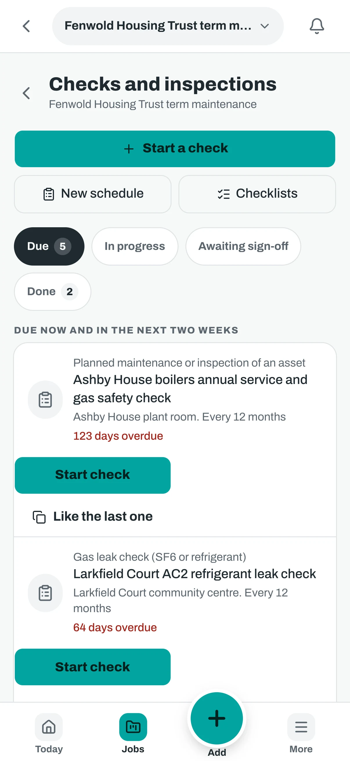 The same checks on a phone, with the start check buttons.