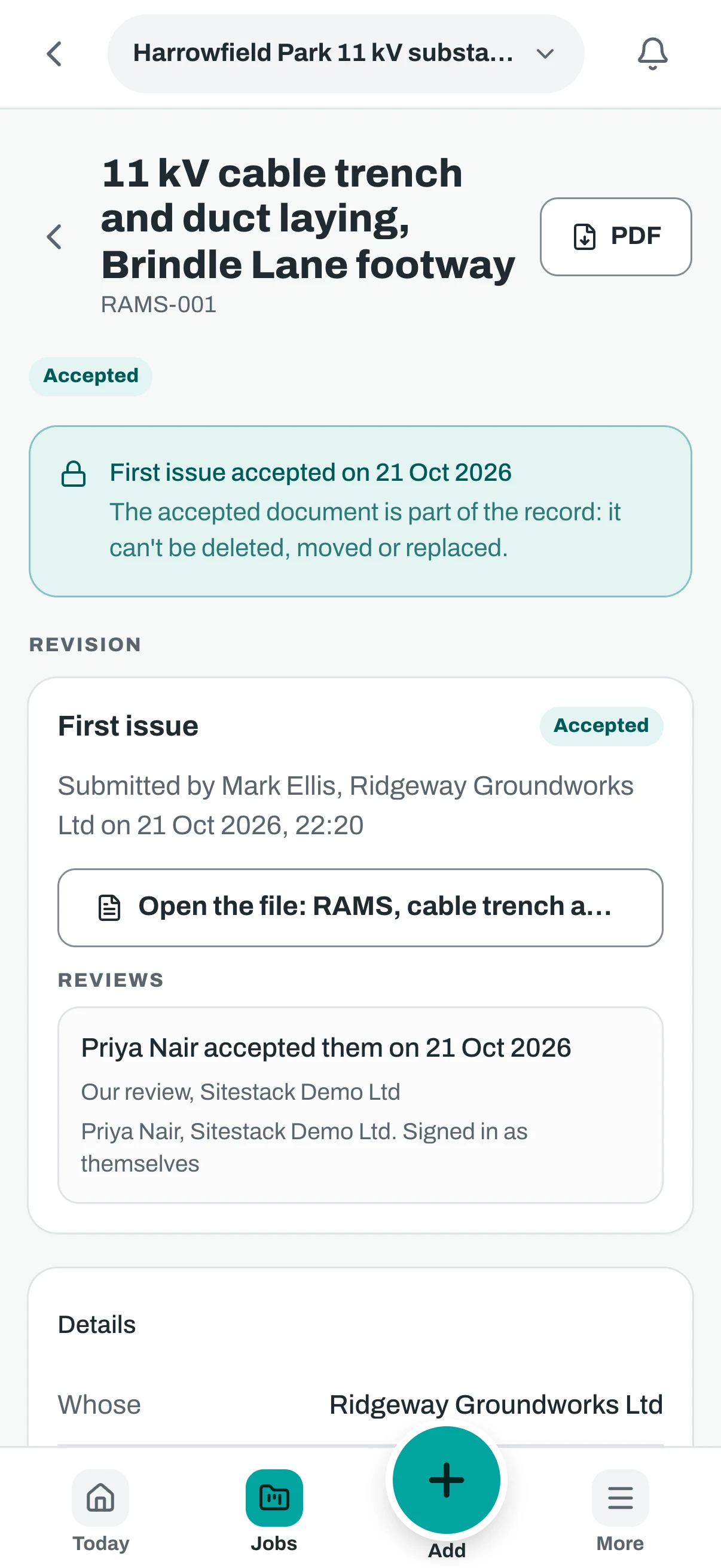 The same RAMS record on a phone, with the accepted message and the revision.