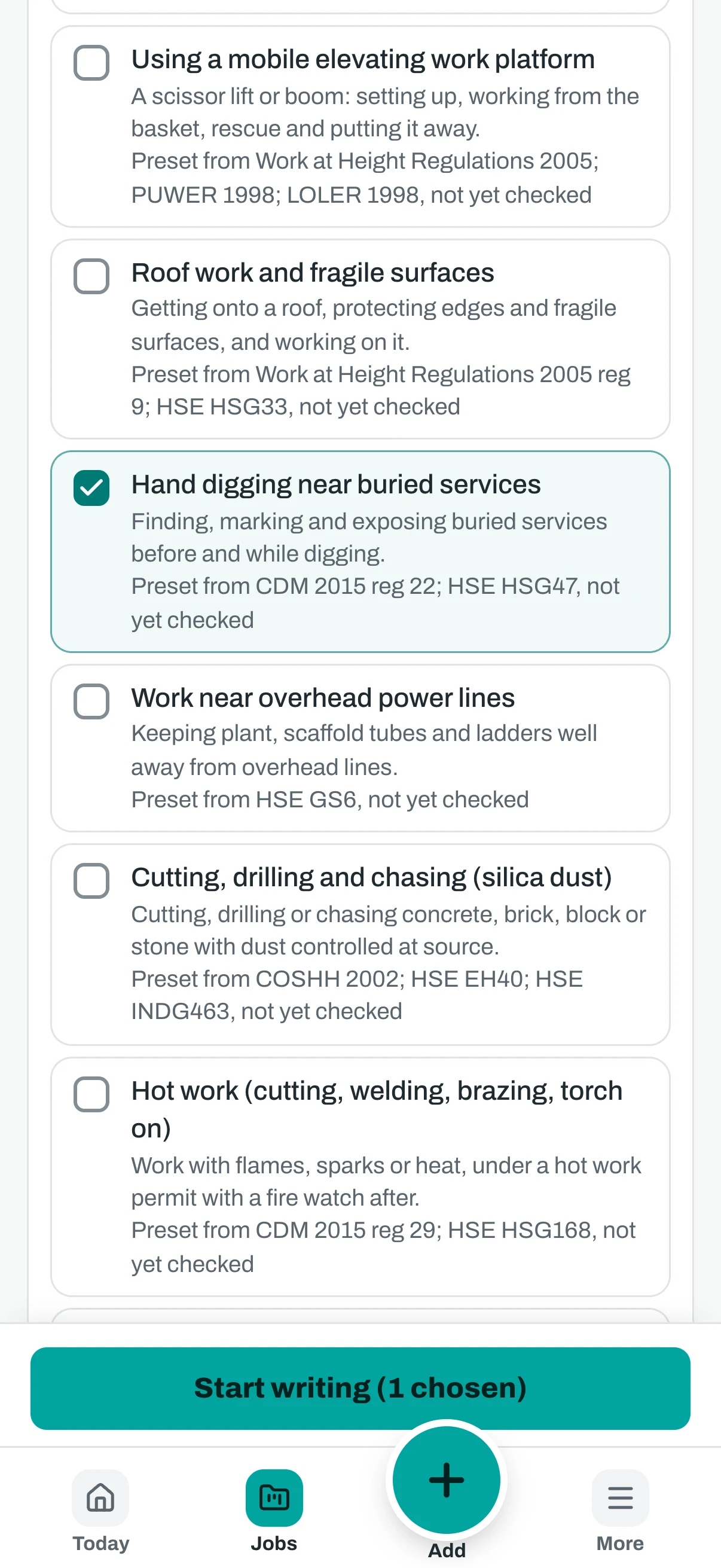 The same list of ready made activities on a phone, with a button to start writing.