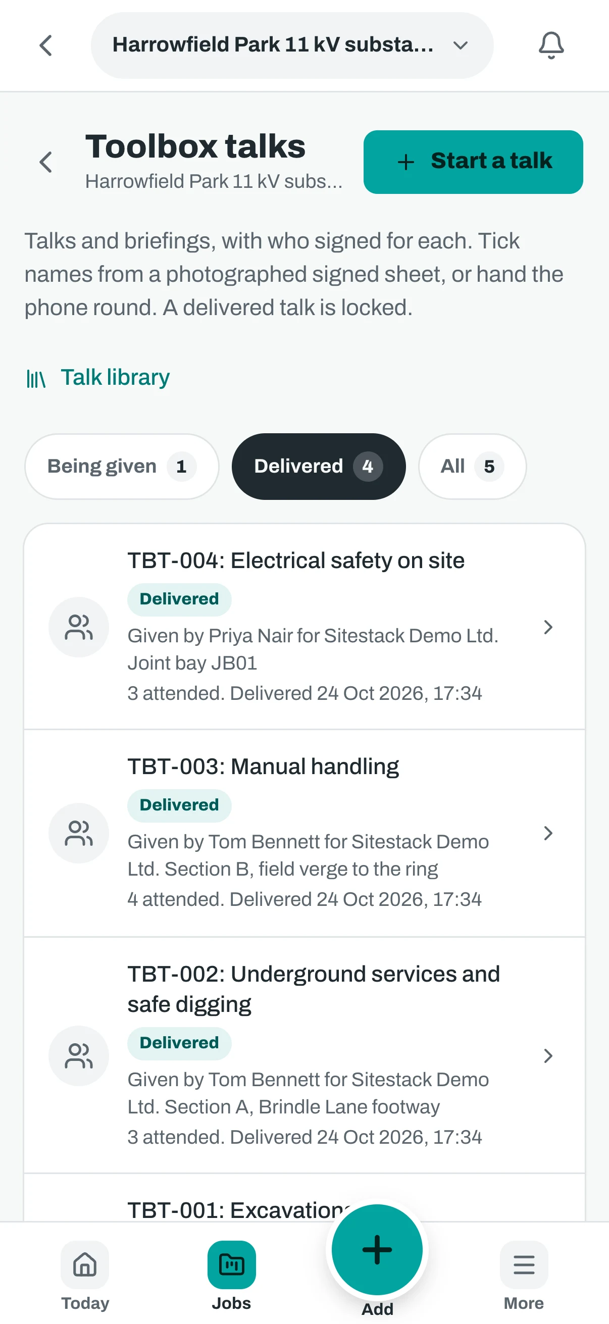 The same toolbox talks list on a phone.