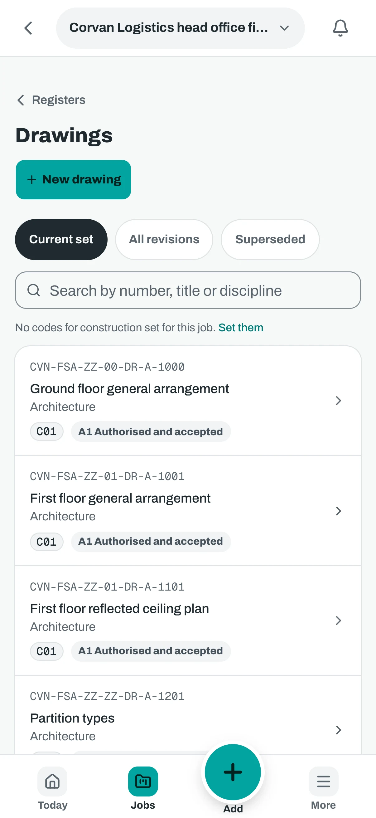 The drawing register on a phone, with the same four drawings.