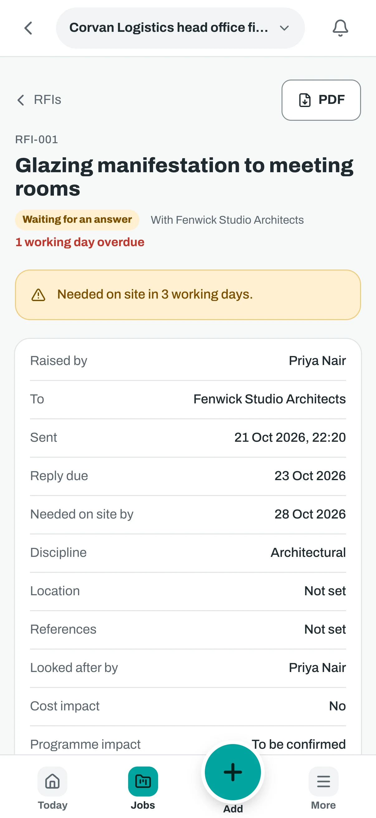 The same RFI on a phone, with its question and dates.