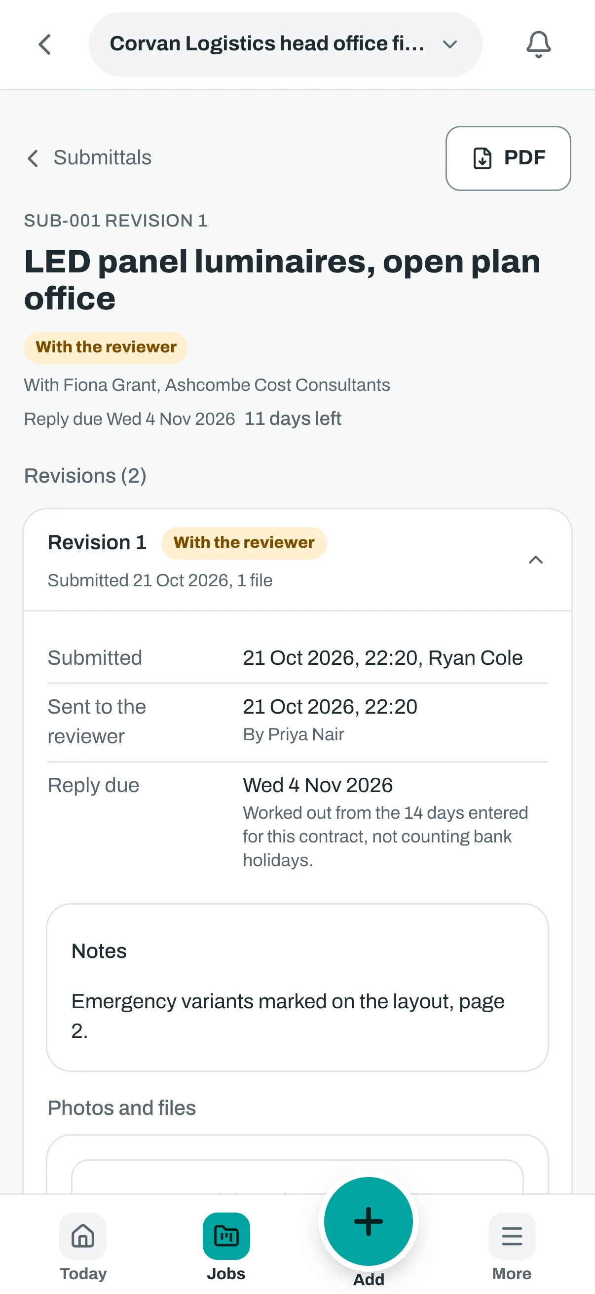The same submittal on a phone, with its revision and dates.