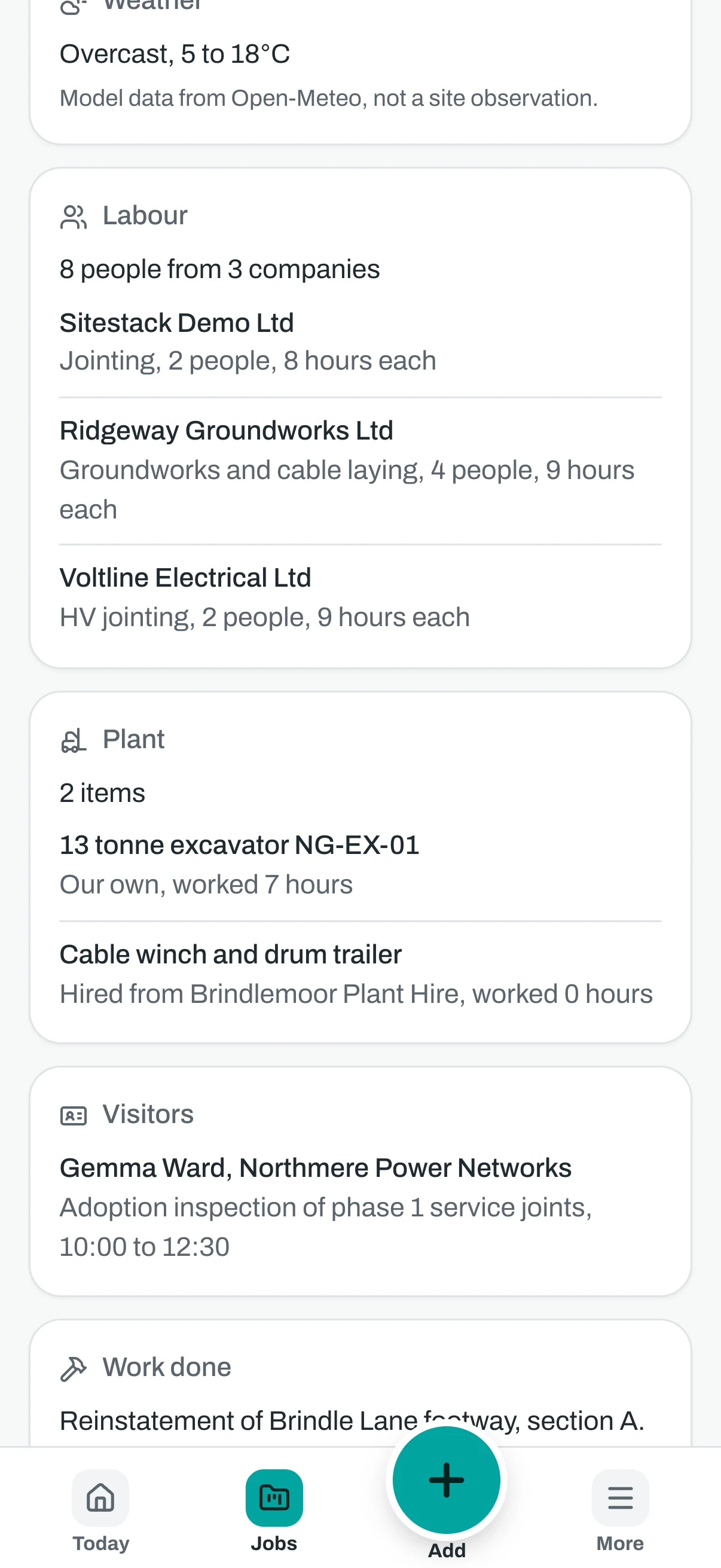 The same diary day on a phone, scrolled to the labour, plant, visitors and work done.