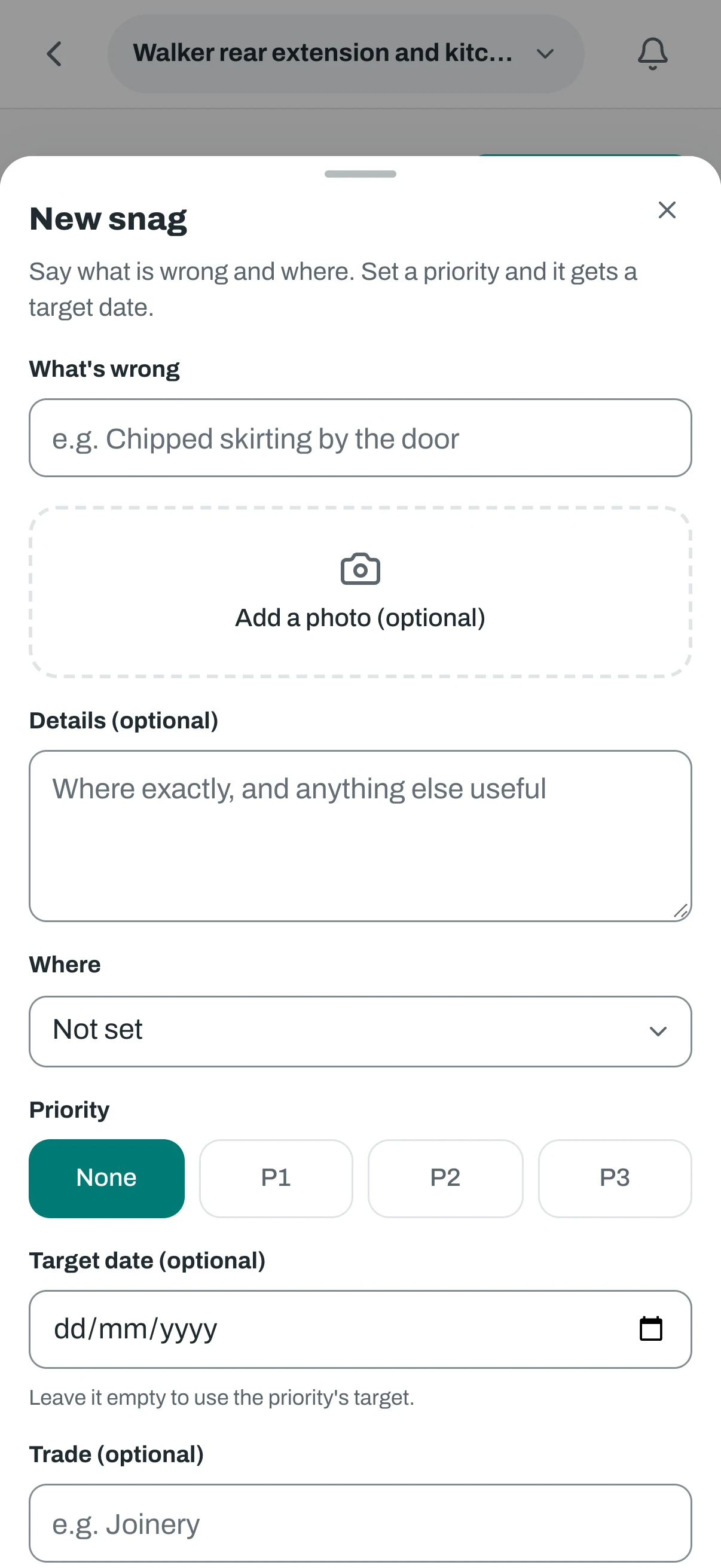 The new snag form on a phone, with a place to add a photo and the priority buttons.