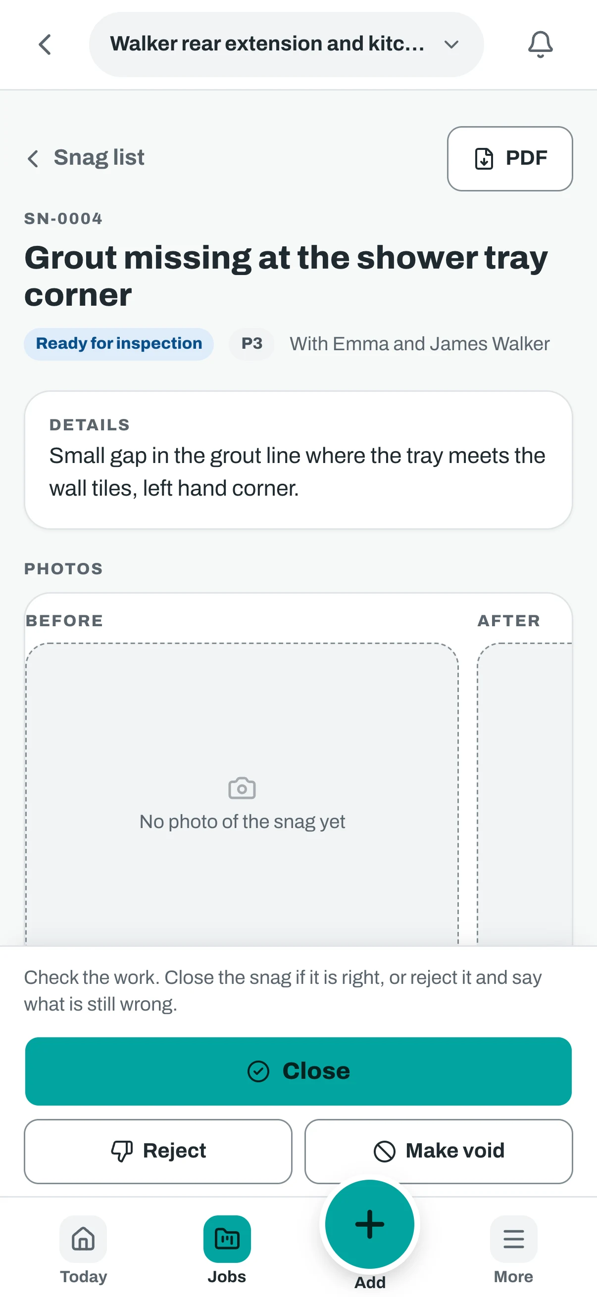 The same snag on a phone, with the close, reject and make void buttons.