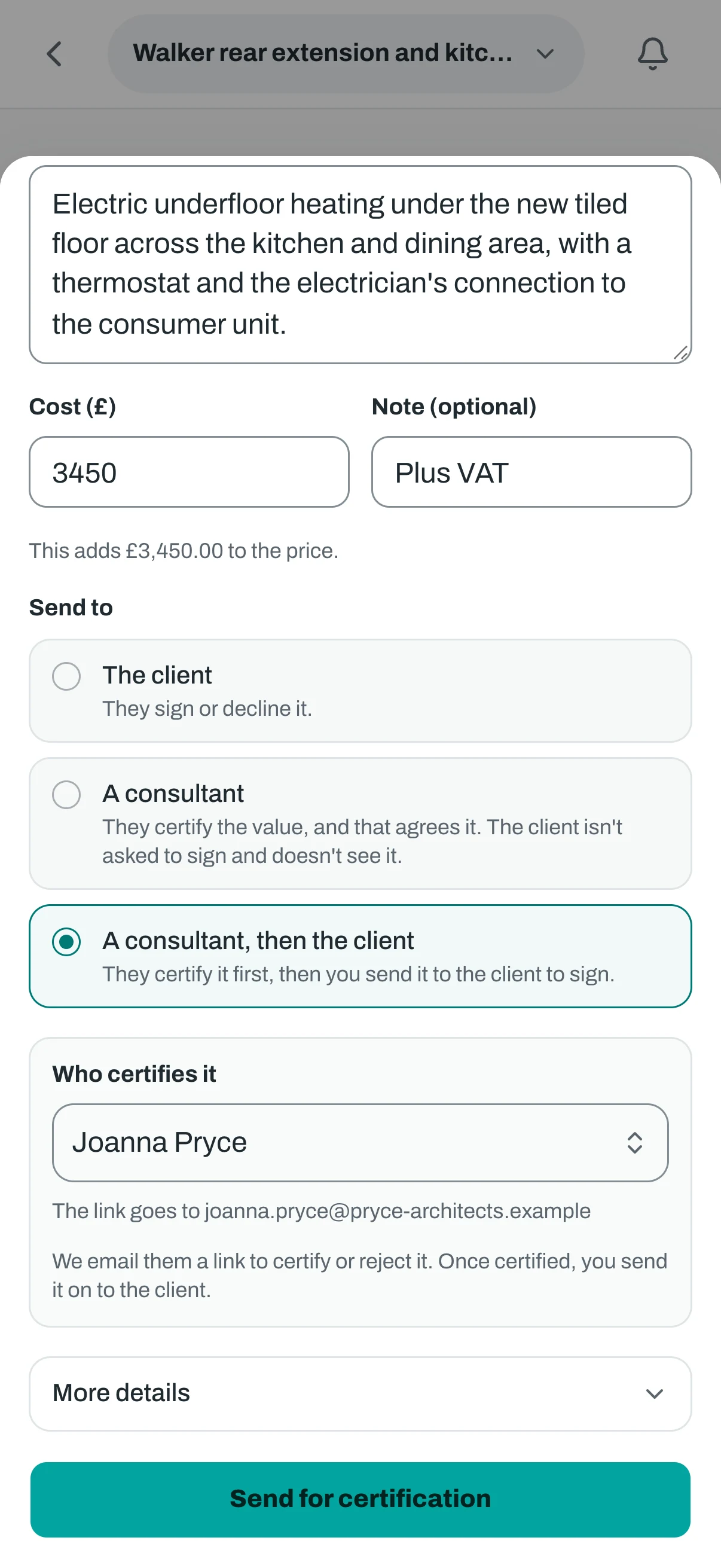The raise a variation form on a phone, with the same details and the consultant chosen from the job's parties.
