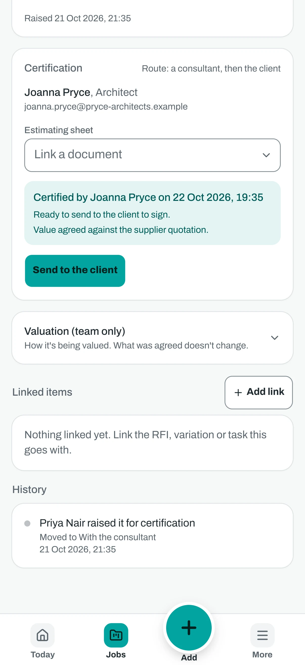 The same certified variation on a phone with the certification and the button to send it to the client.