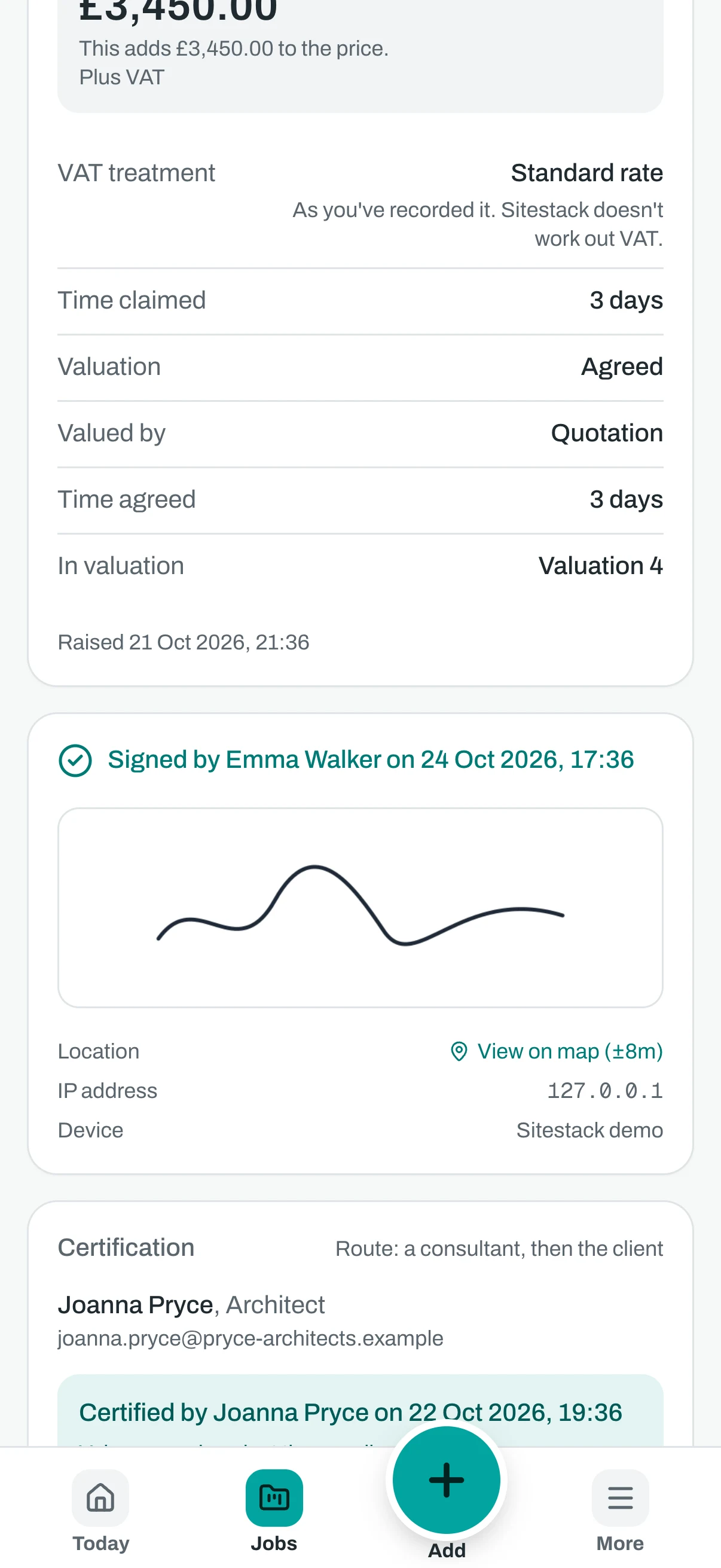 The signed variation on a phone, showing the signed by the client status.